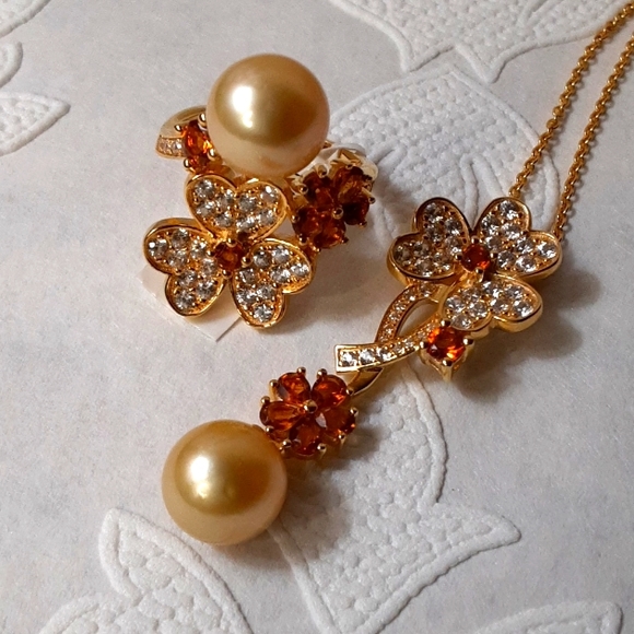 925  Golden South Sea Pearl, Madeira Citrine, White Zircons Ring. 10.5mm FIRM. - Picture 1 of 17